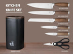 Knife Block Set（Walnut handle）, 7-Piece Black Kitchen Knife Set for Home, Anti-Rust Non-stick Stainless Steel Sharp Chef Knife Set with Universal Knife Block for Kitchen, Ergonomical Design (Black)