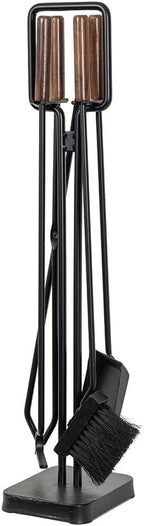 Modern Ember Levi 5 Piece Fireplace Tool Set in Black with Walnut Wood Handles | Includes Brush, Shovel, Fire Poker, Tongs, and Stand | Heavy-Duty Steel | Heat-Resistant Powder Coating