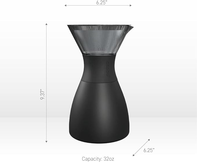 asobu Black Insulated Pour Over Coffee Maker (32 oz.) Double-Wall Vacuum, Stainless-Steel Filter, Stays Hot Up to 12 Hours (Black)