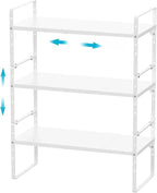 iPEGTOP Expandable Cabinet Storage Shelf Organizer Rack, Heavy Duty Cupboard Stand Spice Rack Adjustable Height Garage Pantry Shelf Space Riser for Counter Kitchen Organization, White, 3 Pack