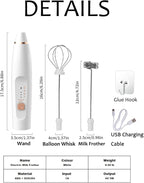 Milk Frother Handheld Foam Maker with 2 Stainless Stirring Head 3 Speed Rechargeable Electric Blender Milk Frother Wand Drink Mixer for Cappuccino Matcha Latte Hot Chocolate Protein Powder Egg (White)