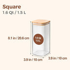 ComSaf Airtight Glass Storage Canister with Wood Lid (1.6 Qt), Clear Food Storage Container Jar with Sealing Lids for Oat Pasta Flour Cereal Rice Sugar Tea Coffee Beans, Set of 3 Square Cookie Jar