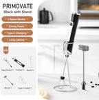Rechargable Milk Frother, Handheld Drink Mixer with Whisk Attachment, 2025 upgraded, powerfull 3 speed motor, Type C charging with charge light, with extra egg mix head (White without Stand)