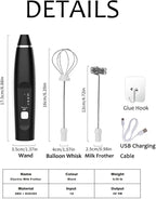 Milk Frother Handheld Foam Maker with 2 Stainless Stirring Head 3 Speed Rechargeable Electric Blender Milk Frother Wand Drink Mixer for Cappuccino Matcha Latte Hot Chocolate Protein Powder Egg (Black)