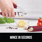 GORILLA GRIP Garlic Press and Peel Set, Heavy Duty Mincer Tool, Large Ergonomic Handle, Easily Mince and Crush Garlics, Ginger, Nuts, Seeds, Peeler Included, Peeling Cloves, Kitchen Gadgets, Red