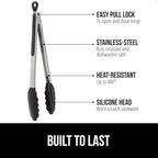 GORILLA GRIP Stainless Steel Heat Resistant Kitchen Tongs for Cooking, 7 + 9 + 12 Inch Set of 3 BBQ Tong, Non Scratch Silicone Tip for Pans, Strong Grip, Grab Food, Pull Lock, Black Mint Red