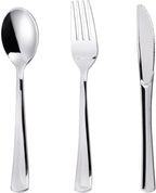 N9R 200PCS Silver Plastic Silverware Disposable Silver Plastic Silverware Cutlery Set, 100 Forks, 50 Spoons, 50 Knives for Party, Birthday, Wedding