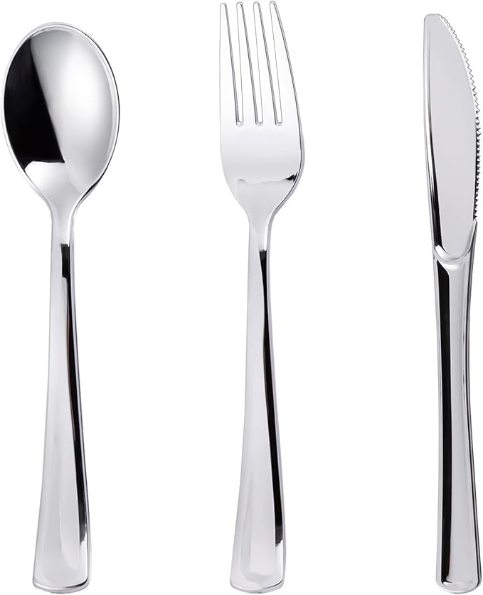 N9R 200PCS Silver Plastic Silverware Disposable Silver Plastic Silverware Cutlery Set, 100 Forks, 50 Spoons, 50 Knives for Party, Birthday, Wedding