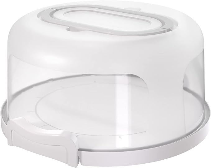 Top Shelf Elements Round Cake Carrier Two Sided Cake Holder Serves as Five Section Serving Tray, Portable Cake Stand Fits 10 inch Cake, Cake Box Comes With Handle, Cake Container Holds Pies (White)