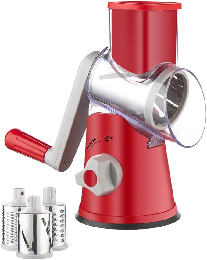 Brigii Rotary Cheese Grater Hand Crank, Cheese Shredder with 3 Drum Blades, Mandoline Slicer, Food Chopper for Hard Cheese, Vegetable, Nuts, Potato