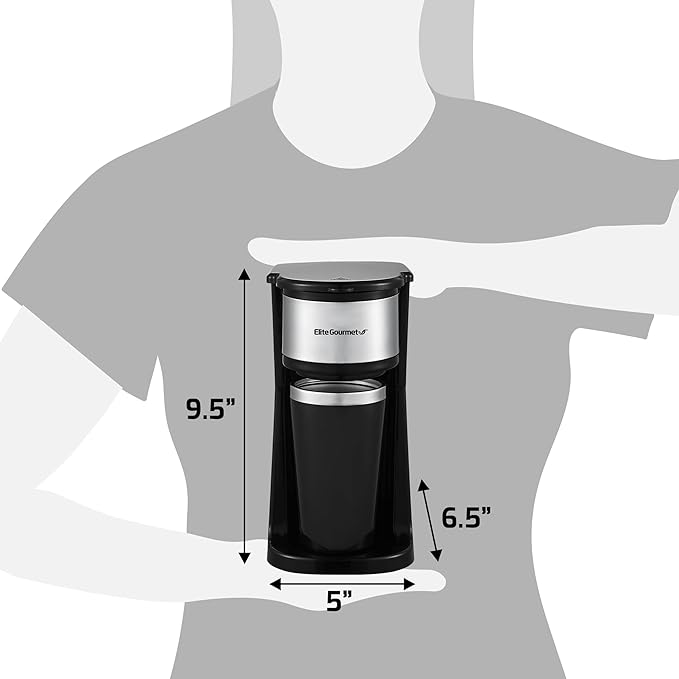 Elite Gourmet EHC112 Personal Single-Serve Compact Coffee Maker Brewer Includes 14Oz. Thermal Travel Mug with Stainless Steel Interior, Compatible with Coffee Grounds, Reusable Filter, Black