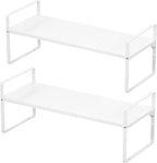 iPEGTOP Expandable Cabinet Storage Shelf Organizer Rack, Heavy Duty Cupboard Stand Spice Rack Adjustable Height Garage Pantry Shelf Space Riser for Counter Kitchen Organization, White, 2 Pack