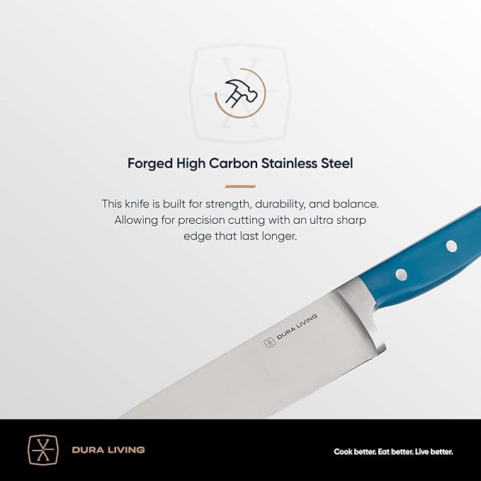 DURA LIVING 3-Piece Kitchen Knife Set – Ultra-Sharp Forged High Carbon Stainless Steel, 8" Chef, 5" Utility, 3.5" Paring Knives, Ergonomic Handles, Professional Starter Set, Royal Blue