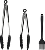 Kitchen Tongs, 2pcs Barbecue Tongs 10 inch & 12 inch with Silicone Tips, 1pc Brush Stainless Steel Cooking Tongs with Heat Resistant Handle for BBQ Serving, Grilling, Buffet, Dishwasher Safe (Black)