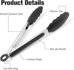 Kitchen Tongs 9'' and 12'' Tongs for Cooking 2 Pcs Black Silicone Tongs Stainless Steel Locking Food Tongs with Silicone Tips Heat Resistant Serving Tong for BBQ Food Grilling Salad Kitchen Utensils