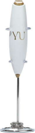Yu Tea Handheld Electric Milk Frother with Stand | Dual Whisk Frother for Matcha, Sencha, Hojicha, Genmaicha Powder | Quick Mix for Lattes, Smoothies & Baking | AA Batteries Required