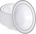 BESTVIP 50 Pack Plastic Bowls with Silver Rim, 12 oz Disposable Soup Bowls, Heavy-duty Dessert Salad Bowl for Party, Wedding, Christmas, Thanksgiving Catering and Dinner