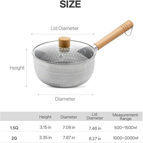 2 Quart Stainless Steel Pot With Glass Lid. Traditional Japanese Saucepan Wth Wood Handle, Multipurpose Sauce Pan With Two Side Pour Spouts & Measurement Line, Great for Ramen, Milk etc.