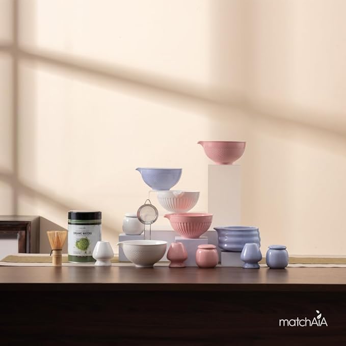 Matcha Whisk Set - Ceramic Bowl, Bamboo Whisk with Holder, Sifter, Schima Spoon, Spoon Rest and Tea Towel - 7 Pcs Complete Kit for Traditional Matcha and Modern Lattes (Pink)