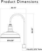 Steel Lighting Co. Gardena Barn Light | Outdoor Pole Top Mounted | 16" Dome | Upslope Gooseneck with Slip Fitter for 2-3/8" Standard Poles | Made in America | Matte Black Exterior/Matte Black Interior