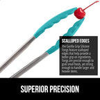 GORILLA GRIP Stainless Steel Heat Resistant Kitchen Tongs for Cooking, Set of 2 BBQ Tong, Non Scratch Silicone Tip for Pans, Strong Grip, Grab Food, Salad, Air Fryer, Pull Lock, 7 + 9 Inch, Turquoise