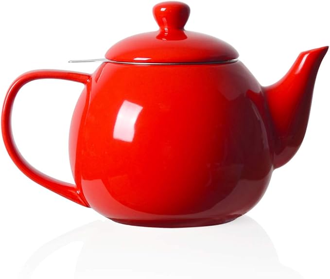 Sweejar Porcelain Teapot with Removable Stainless Steel Infuser,Microwave & Dishwasher Safe Tea Pots for Loose Tea,Tea Infuser Pots for Chrismas Women Gift (30oz Red)