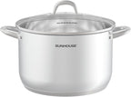 SUNHOUSE 13-Quart Stainless Steel Stockpot w/Tempered Glass Lid - Heavy-Duty, Food-Grade Cookware for Simmering, Boiling, and Induction Cooking - Exceptional Heat Distribution