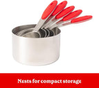 Betty Crocker Measuring Cooking Bundle includes a set of five measuring spoons and five measuring cups. The spoons have a dual design and magnetic snap for easy storage.