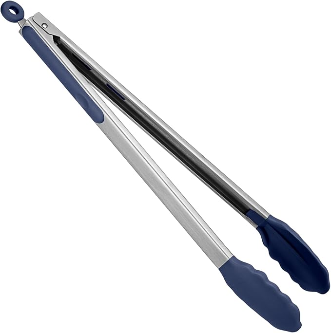 Heat Resistant Silicone Kitchen Tong: U-Taste 16 inch Extra Long Large 480ºF Hot Proof Cooking Tong with Sturdy Non Stick Rubber Tips & Non Slip Silicon Coated Steel Handle for Grill BBQ-Midnight Blue