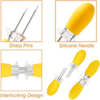 Corn Dishes and Corn Holders Set Kits, PEOUWNES Corn on The Cob Holders, Corn Cob Holders Skewers BBQ Twin Prong Holders, Includes 12 Stainless Steel Corn Holders, 6 Corn Trays and Butter Spreader