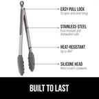 GORILLA GRIP Stainless Steel Heat Resistant Kitchen Tongs for Cooking, 9 + 12 Inch, Set of 2 BBQ Tong, Non Scratch Silicone Tip for Pan, Strong Grip, Grab Food, Toss Salad, Air Fryer, Pull Lock, Gray