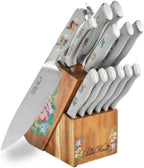 Pioneer Woman 14-Piece Stainless Steel Knife Block Set, Forged High-Alloy Blades, Full-Tang Handles, Acacia Wood Gray Floral