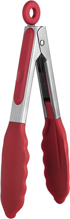 480ºF Heat Resistant Kitchen Tong: U-Taste 7 inch Silicone Cooking Tong with Firm Sealed Non Stick Rubber Tips & Silicon Coated 18/8 Stainless Steel Handle & Smooth Locking for Serving Salad (Red)