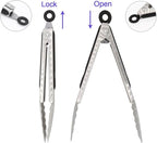 304 Stainless Steel Kitchen Cooking Tongs, 12" and 14" Set of 2 Sturdy Grilling Barbeque Brushed Locking Food Tongs with Ergonomic Grip, Black