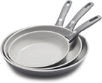 GreenPan Dover 8” 10” and 12” 3 Piece Frying Pan Skillet Set, Non-Toxic PFAS-Free Ceramic Nonstick Coating, Sear Saute Fry Egg Omlete, Dishwasher & Oven Safe, Stay Cool Handle, Easy Pour Rims, Gray