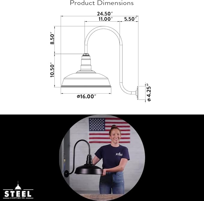 Steel Lighting Co. Gardena Barn Light | Outdoor Wall Mounted | 16" Dome | Upward Sloping Gooseneck | Farmhouse Light Made in America | Gray Blue Exterior/Brass Interior