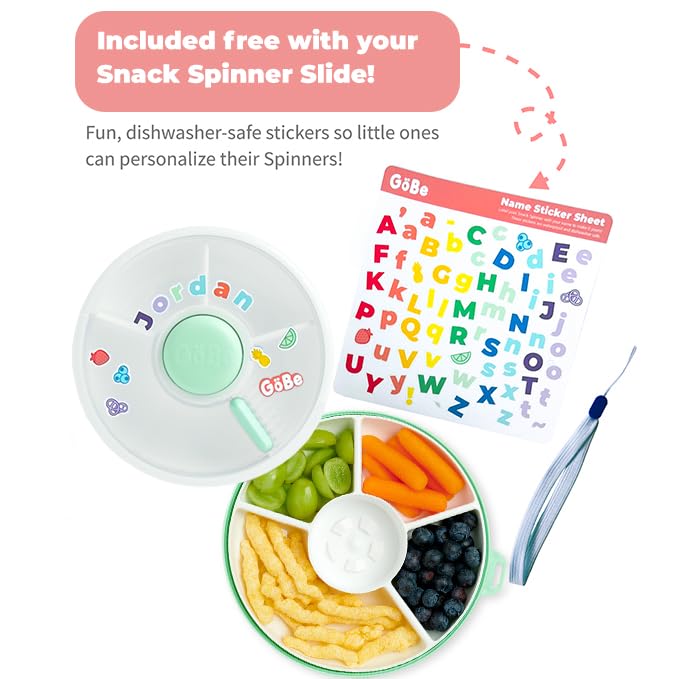 GoBe Kids Small Snack Spinner Slide Bundle with Hand Strap and Sticker Sheet - Reusable Snack Container with 5 Compartment Dispenser and Lid | BPA/PVC Free | Dishwasher Safe | No Spill - Coral Pink