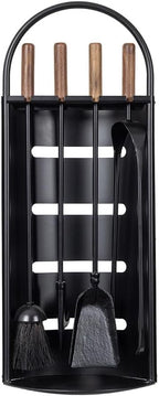 Modern Ember Noah 5 Piece Fireplace Tool Set in Black | Includes Brush, Shovel, Fire Poker, Tongs, and Stand | Heavy-Duty Steel | Heat-Resistant Powder Coating Finish | Natural Wood Handles