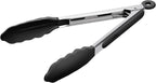 Doosu Kitchen Tongs for Cooking - 600°F Heat Resistant Food Tong with Non-Scratch Silicone Tips, Heavy Duty Stainless Steel Locking Tong for BBQ, Grilling Steak, Serving Salad, Pasta (9in, Black)