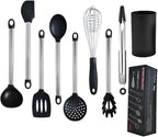 KSENDALO 9-Piece Silicone Cooking Utensils Set with Holder, Heat Resistant Kitchen Utensils Set of Slotted Spatula, Spoons, Whisk, Tong, Non Toxic Black Kitchen Tool Set for Nonstick Cookware, Black