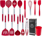 Silicone Kitchen Tools - Non - Stick, Anti - Slip, High - Temperature Resistant, Scald - Proof 14 - Piece Set with Stainless Steel Tube Handles & a Storage Bucket (Gray)