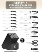 2025 Knife Set 15 Pcs Japanese High Carbon Stainless Steel Kitchen Knife Sets with Block & Sharpener, Premium Razor-Sharp Black Knives Block Set for Kitchen, Ergonomic Full-Tang Handle