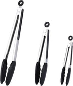 Kitchen Tongs Set of 3, Black Cooking Tongs with Silicone Tips, Non-Stick Non-Scratch Heat Resistant Tongs for Grilling Cooking BBQ Buffet Salad (Black, 7/9/12 Inch)