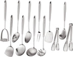 304 Stainless Steel Cooking Utensils Set, Stainless Steel Kitchen Utensils, 12 PCS Long Large Metal Cooking Utensil Tools Set, Potato Masher, Fork, Tongs, Pasta, etc (Dishwasher Safe)