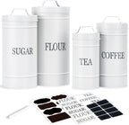 Farmhouse Canister Set for Kitchen Countertop, Airtight Nesting Kitchen Canisters Set of 4, Mental Flour Sugar Coffee Tea Storage Canister Jars, Vintage Country Design, White