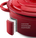 Enameled Cast Iron Dutch Oven Pot with Lid Heavy-Duty Cookware for Bread Baking, Braising, Stews, Roasting,5.5QT，red
