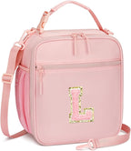 Initial Insulated Lunch Bag for Girls Kids, Back to School Gift, Reusable Leak-proof Lunch Box with Adjustable Strap for School Daycare Travel Picnic (Pink,L)