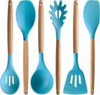 Kitchen Utensils Set 6-Piece Non-Stick Silicone Cooking Utensils Set, Wood Handle Heat Resistant Spatula Spoon Turner Ladle Pasta Server Cooking Kitchen Gadgets BPA Free for Nonstick Cookware