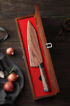 XINZUO 8.5 Inch Japanese Kiritskue Chef Knife, Professional Chef Knife,Damascus Kitchen Knife for Chefs and Home Cooking, Desert Ironwood Handle, Walnut Magnetic Wooden Sheath, Acacia Wood Box Package