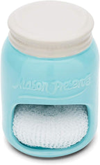 Fox Run Ceramic Mason Jar Holder with Sponge, 3.5 x 3.5 x 5 inches, Blue